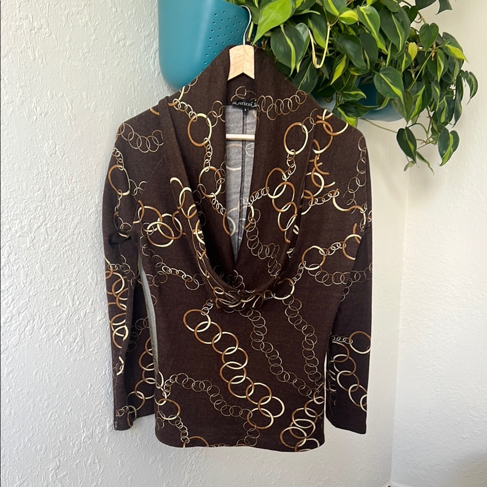 Chico's Brown Chain Print Cowl Neck Sweater